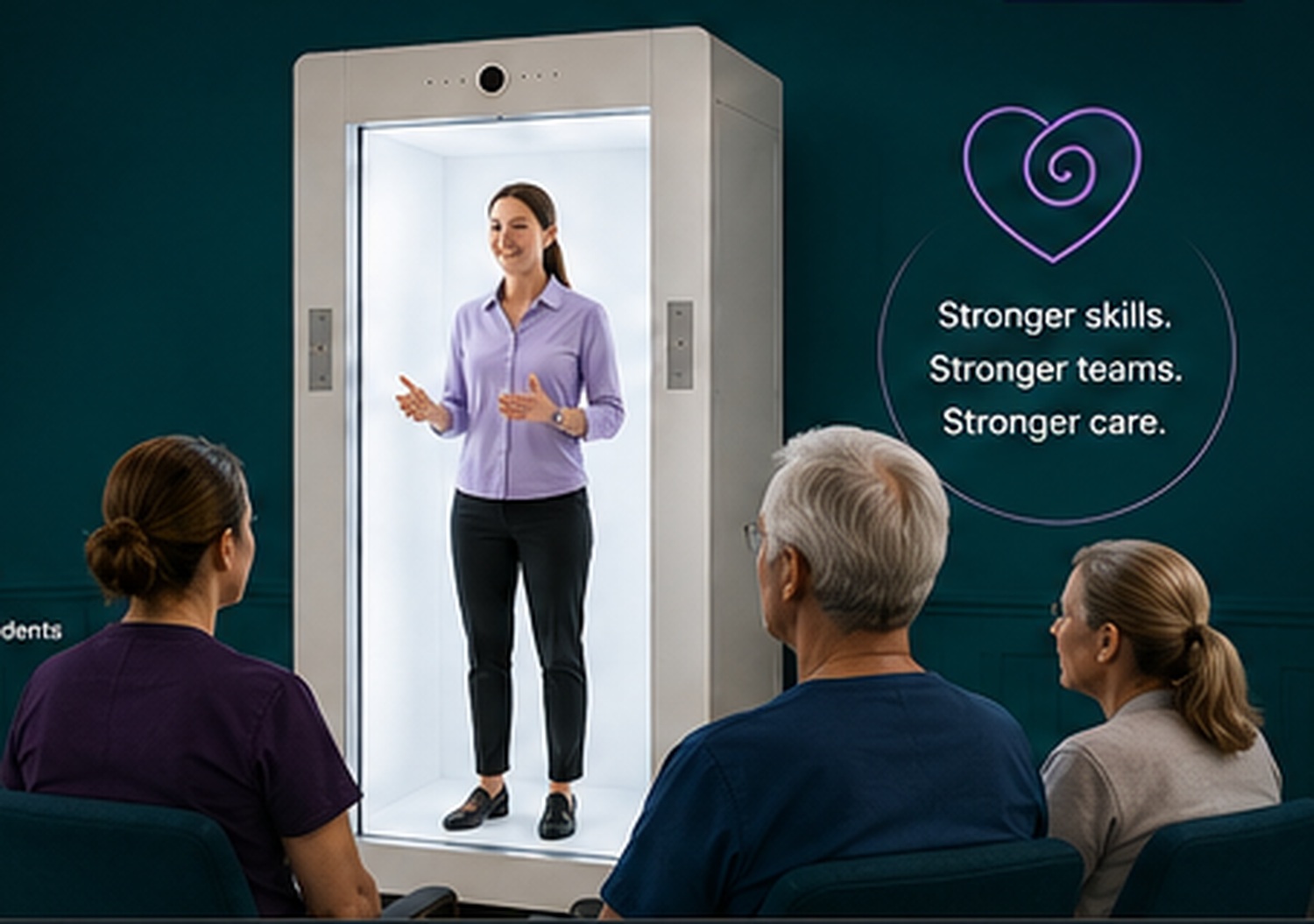 A live trainer appearing life-size through the Feelspace hologram unit while aged care staff participate in training