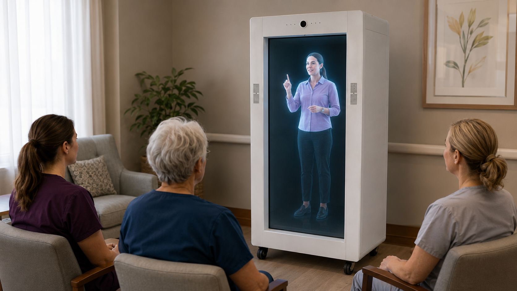 Remote trainer appearing life-size in the Feelspace hologram unit