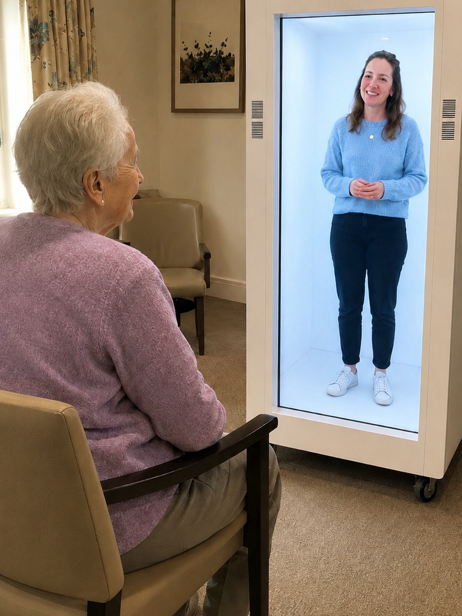 Older resident watching a family member through the Feelspace hologram unit