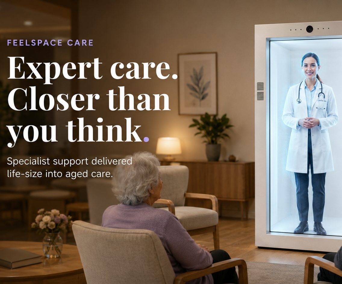 Qualified health professional appearing life-size through the Feelspace hologram unit for older residents