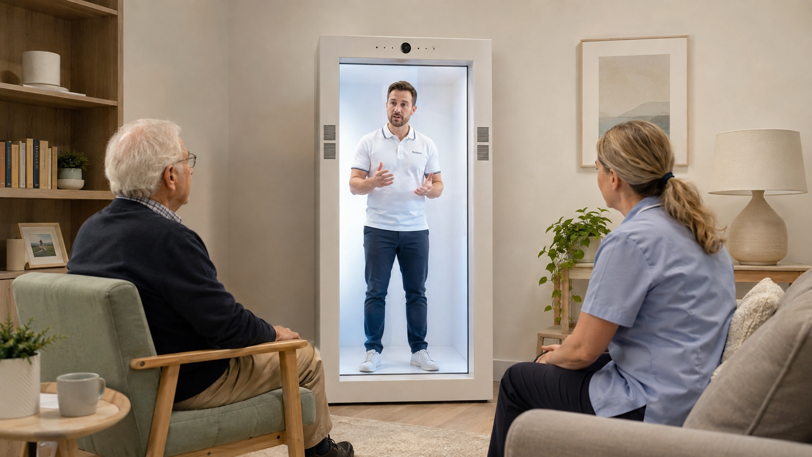 Older residents receiving a live life-size consultation through Feelspace CARE