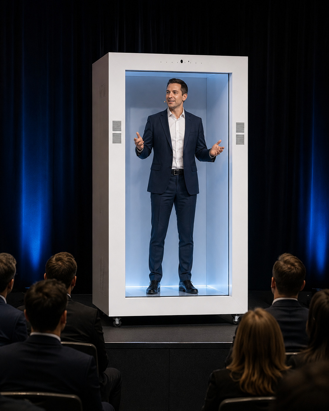 Feelspace presenter in the white hologram presentation box on a business event stage.