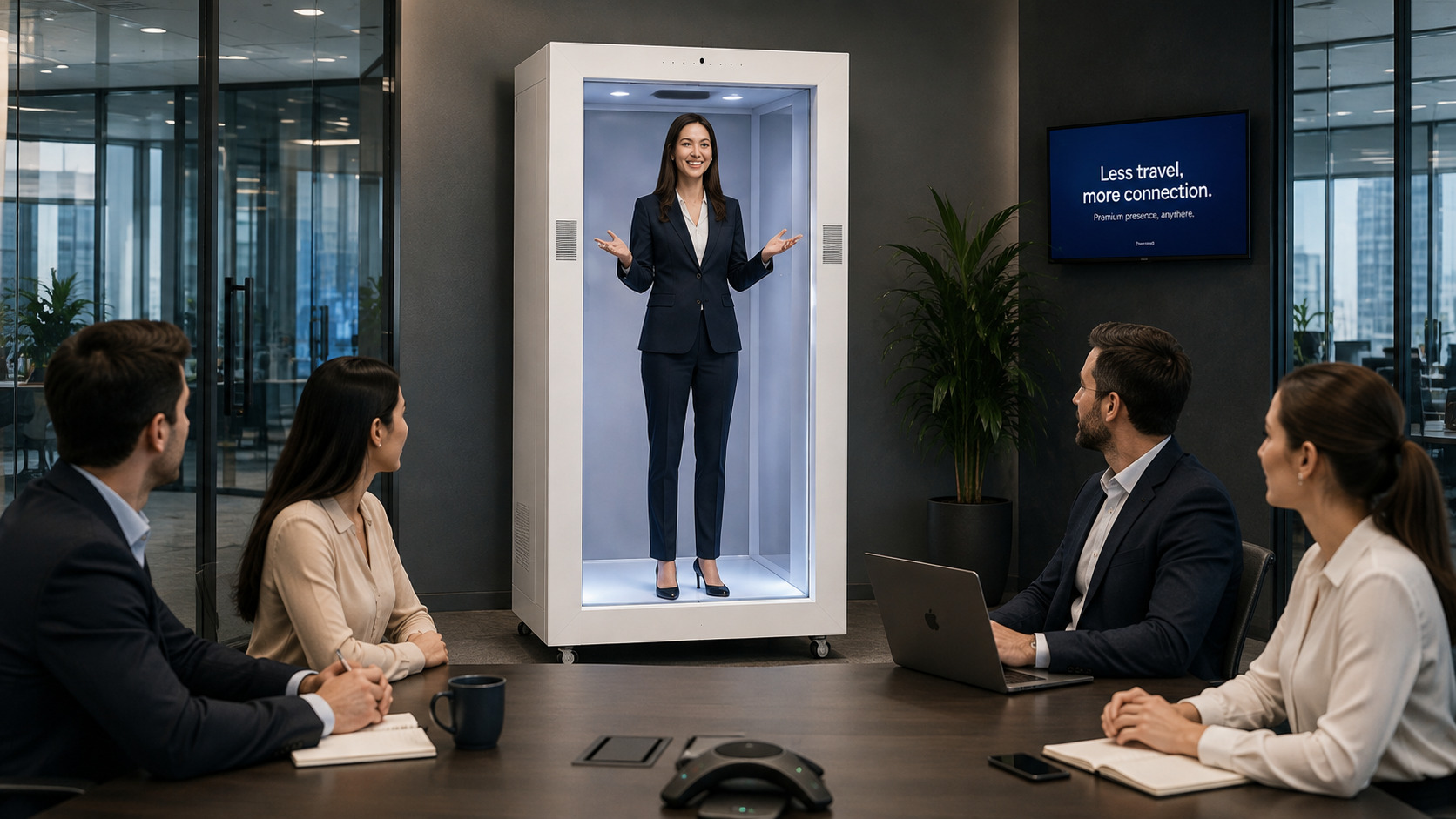 Business presenter appearing life-size through Feelspace during an inter-office meeting