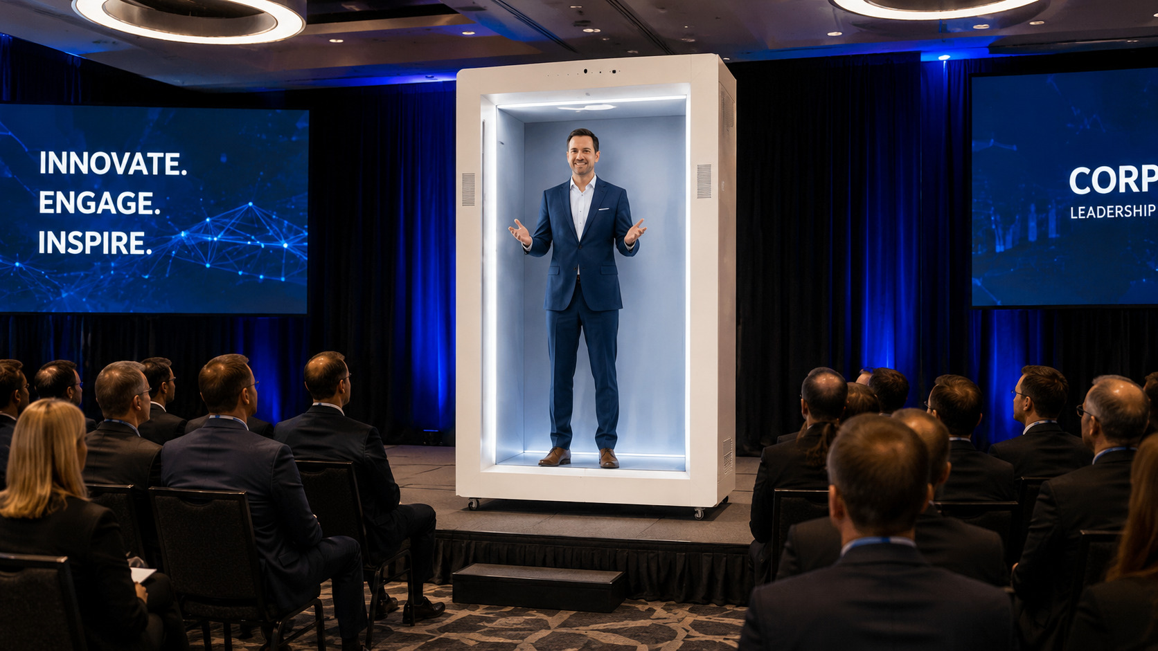 Full view of a presenter inside the white Feelspace hologram box addressing a business audience.