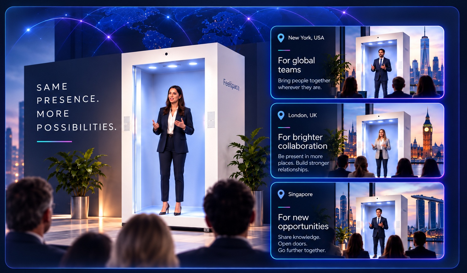 A Feelspace life-size telepresence presenter appearing to audiences in different locations around the world