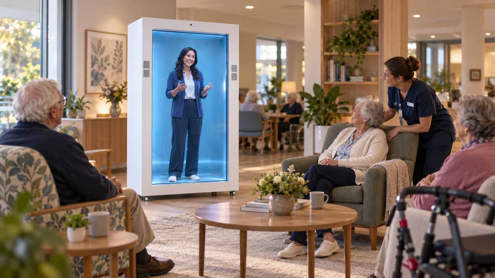 Older person connecting with loved ones through a life-size Feelspace presence
