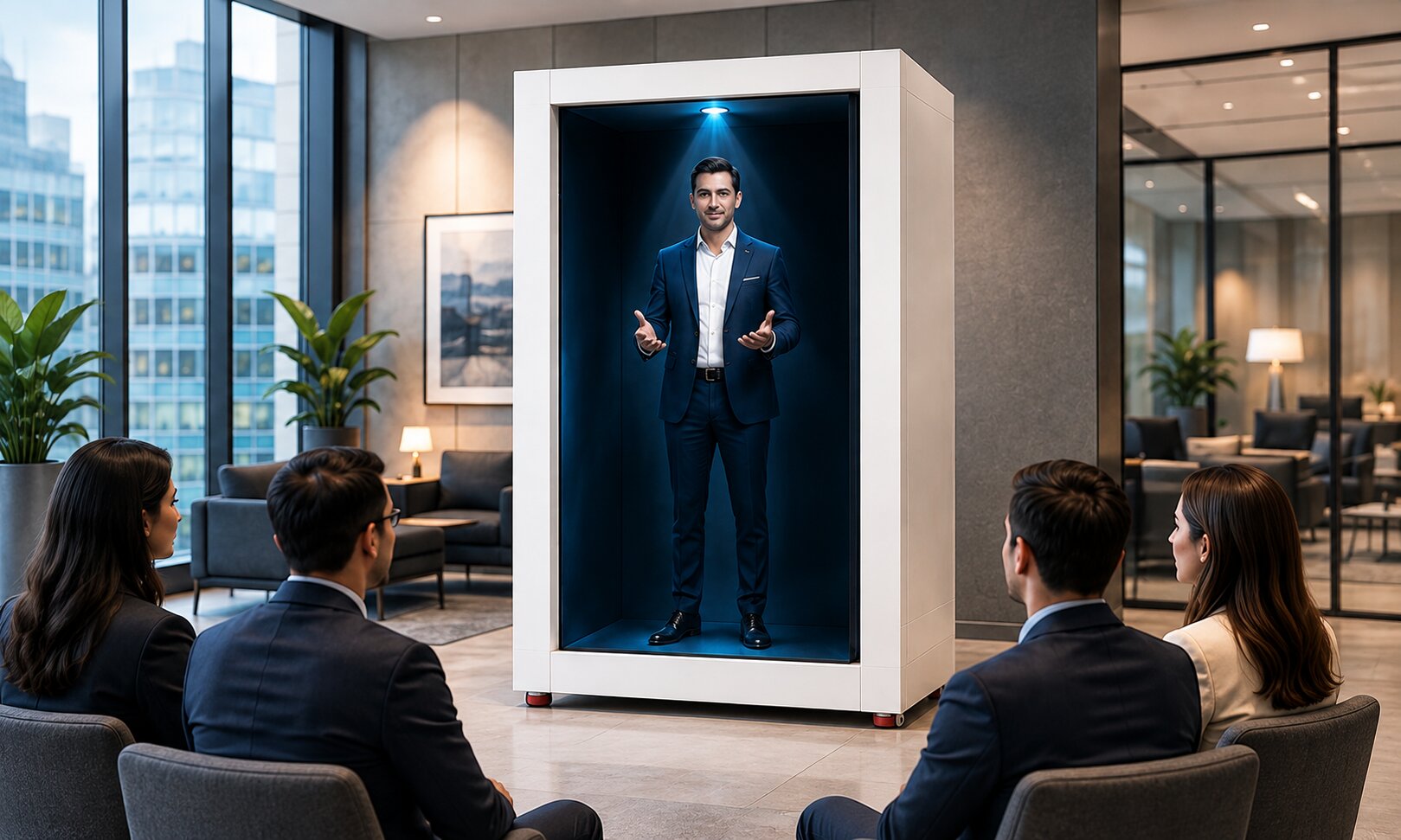 Business team meeting with a remote executive appearing life-size through Feelspace