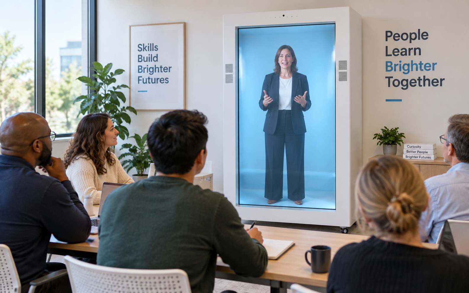 Feelspace Learning session with a life-size presenter in the hologram box and learners seated in a bright training room.