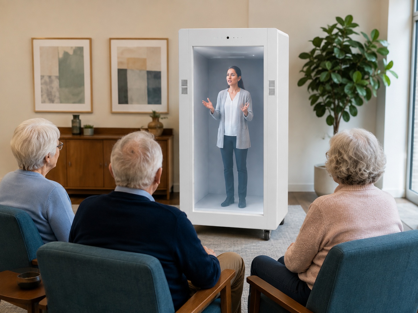 A live exercise instructor appearing life-size through the Feelspace hologram unit for older residents