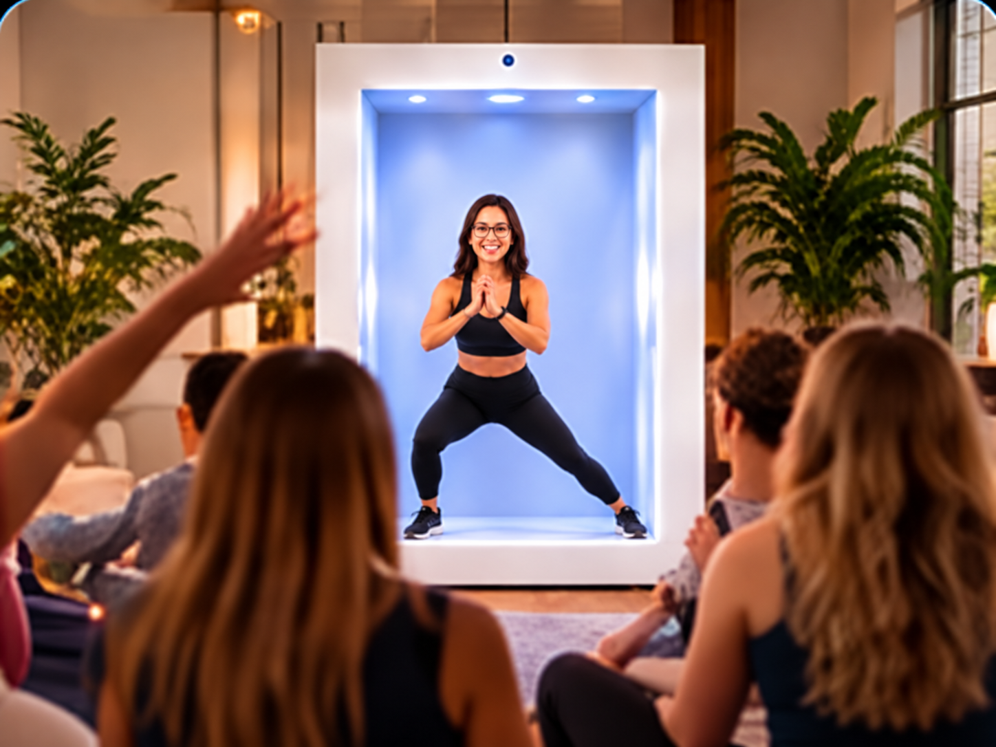 Fitness and movement workshop with a presenter shown inside the white Feelspace box