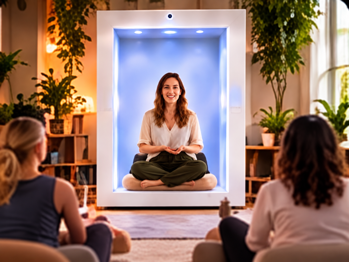 Wellness retreat session with a presenter shown inside the white Feelspace box