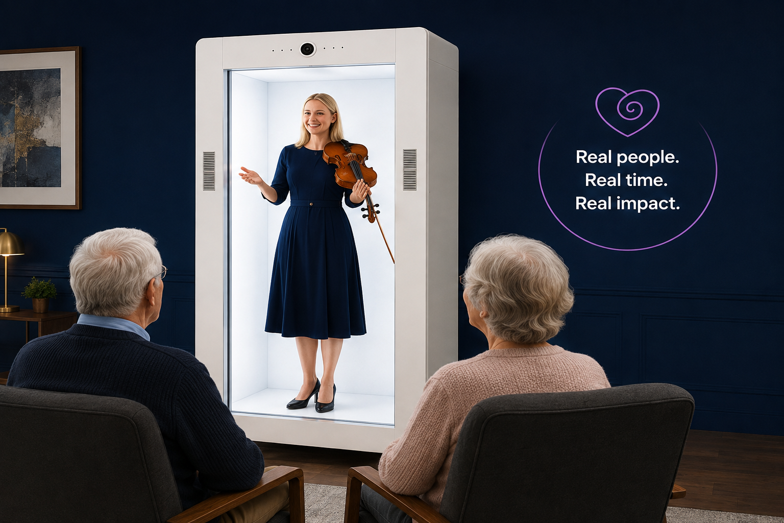 A female violinist appearing life-size in the Feelspace hologram unit performing for older residents